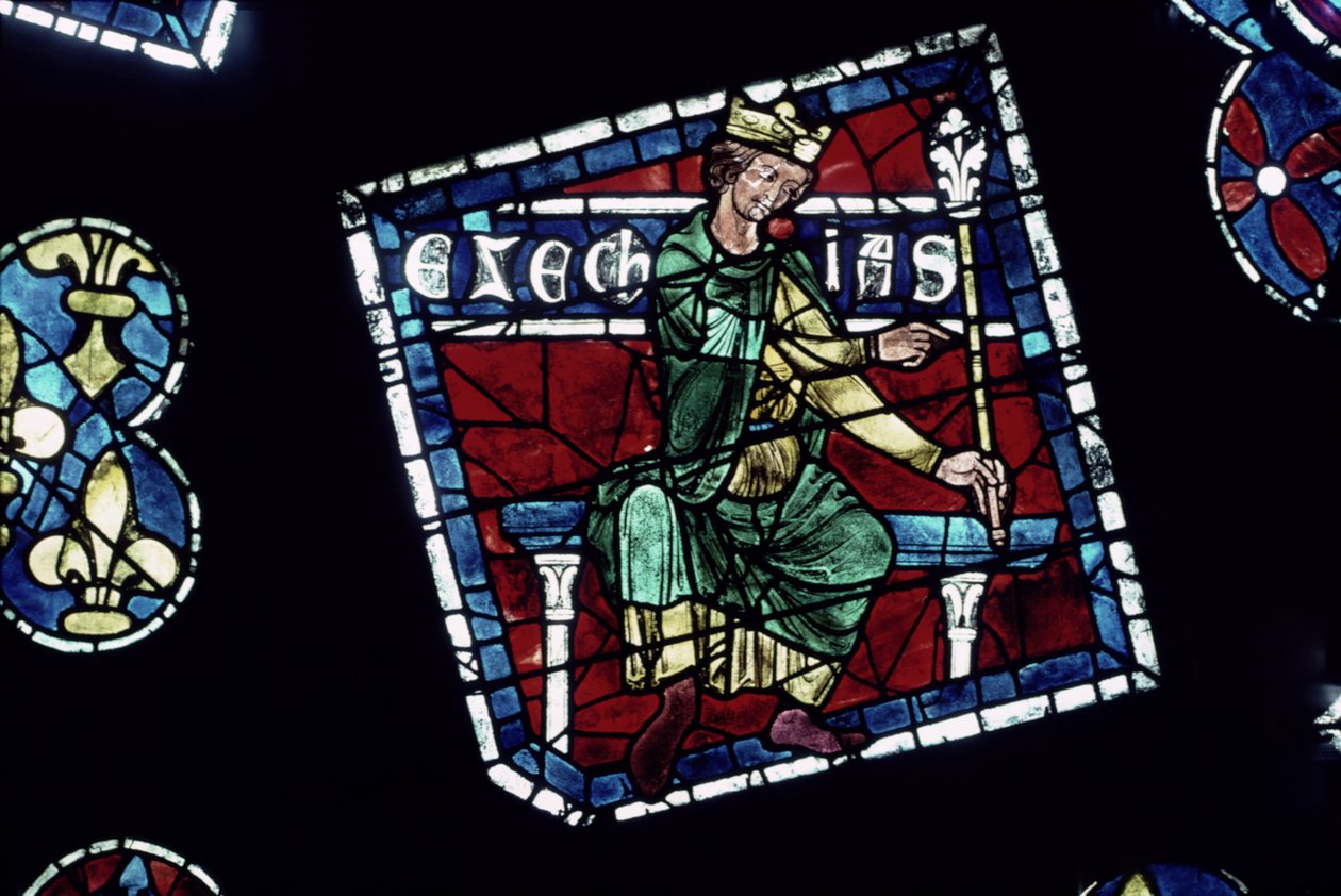 Rey Ezequías, detalle de la ventana rosa norte, c.1223 de French School