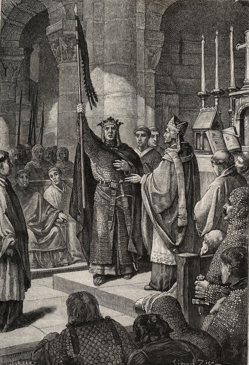 El rey Luis VII (1120-1180) toma el oriflama en la Basílica de Saint Denis en presencia de la reina Alienor de Aquitania y recibe el zumbido y la panetière del peregrino de las manos del Papa Eugenio III antes de su partida de French School
