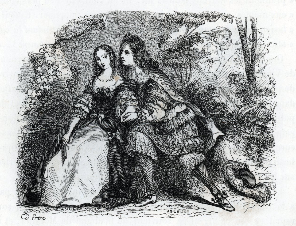 Rey Luis XIV (1638-1715) y su amante Louise de La Valliere (1644-1710) - (grabado) 1846 de French School