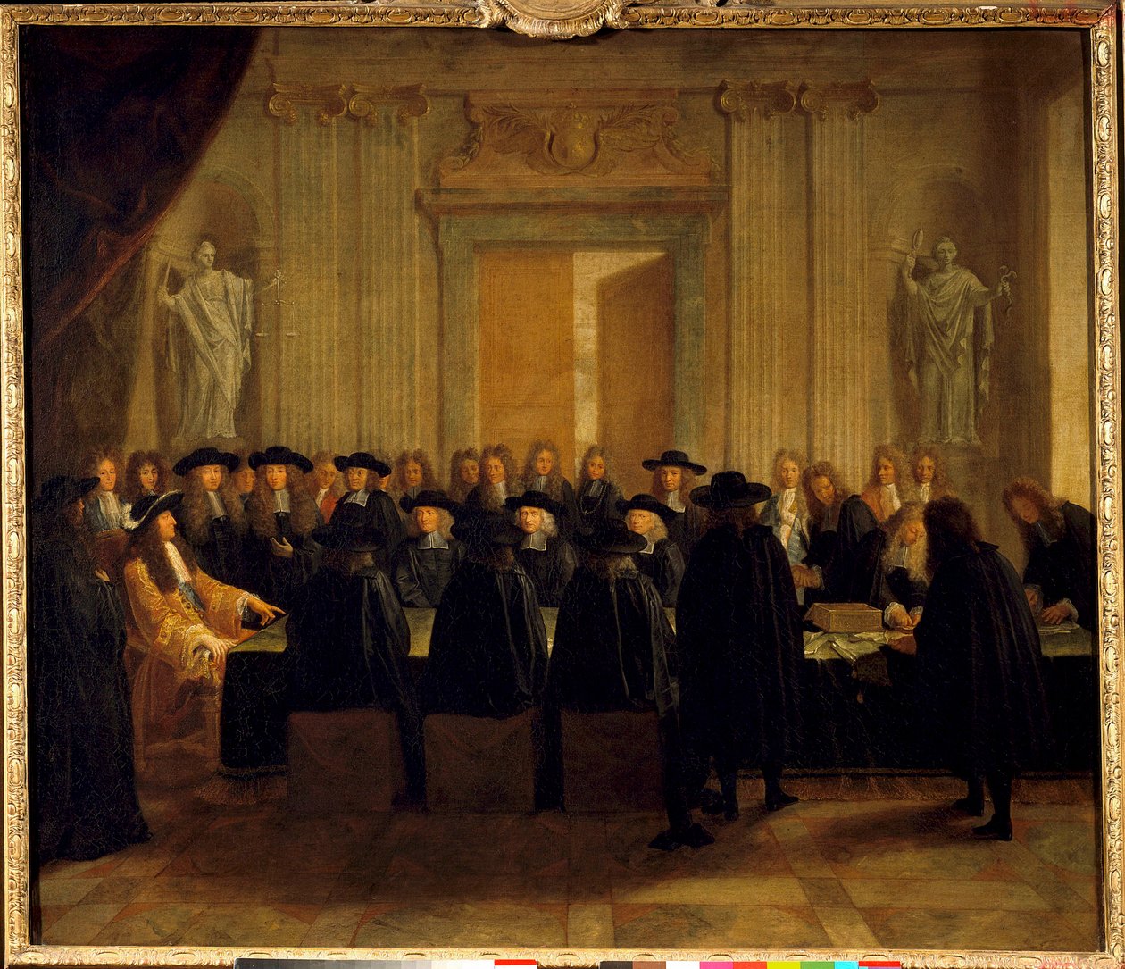 Rey Luis XIV (1638-1715) sosteniendo los sellos en presencia de los Consejeros de Estado y el Maestro de Solicitudes mientras él mismo ocupaba el cargo de Canciller de Francia entre febrero y abril de 1672. Pintura anónima. Siglo XVII de French School