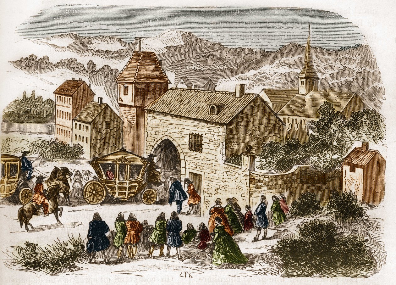 El rey Luis XIV (1638-1715) visitando a Melle de Fontanges (1661-1681) en Port Royal alrededor de 1680. Grabado en “La historia de la prostitución y la depravación entre todos los pueblos del mundo desde la antigüedad hasta el presente” por el Dr. Th. -F.  de French School