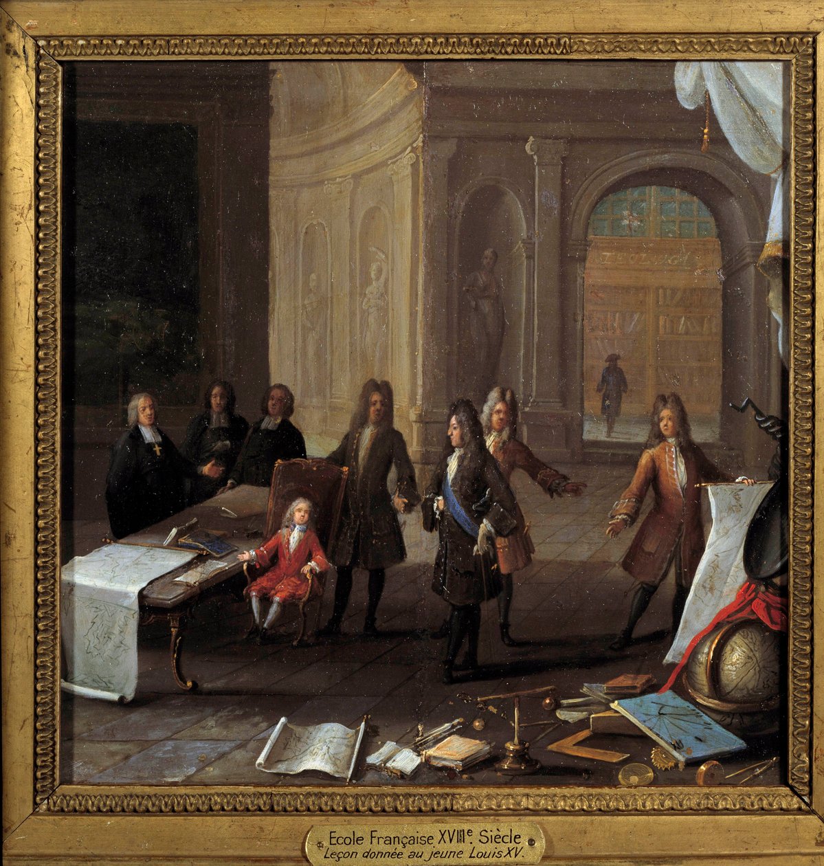 El rey Luis XV (1710-1774) niño recibiendo una lección en presencia del cardenal Fleury y el regente Felipe II duque de Orleans (1674-1723) de French School