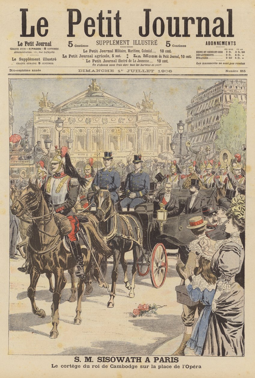 El rey Sisowath de Camboya visita París (litografía en color) de French School