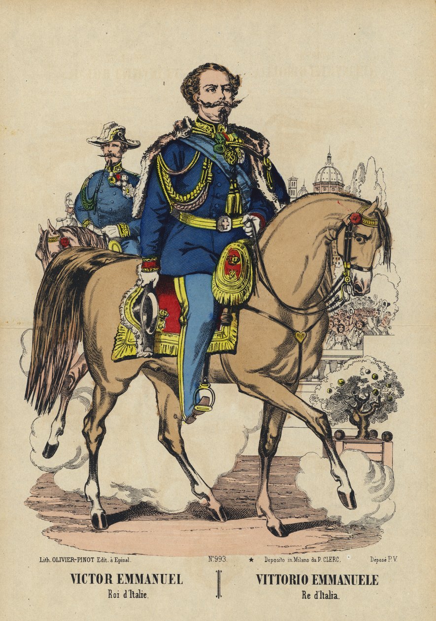 Rey Víctor Manuel II de Italia (litografía en color) de French School
