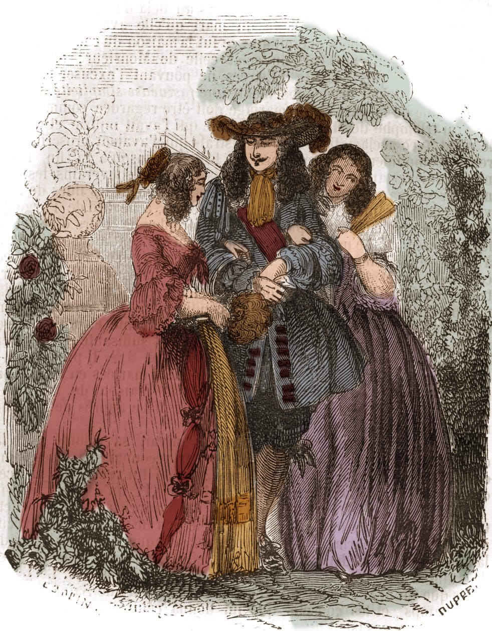 Rey de Francia Luis XIV (1638-1715) con Hortensia Mancini (1646-1699) y su hermana María Mancini (1639-1715). Sobrinas de Mazarino. Grabado del siglo XIX. de French School