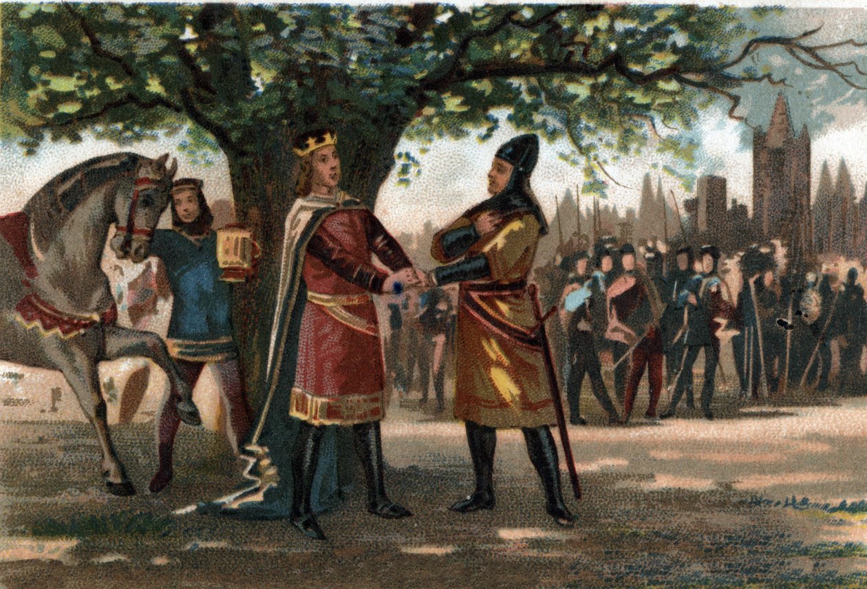 El Rey de Francia Felipe Augusto (1165-1223) se reunió con el Rey Ricardo Corazón de León en Saint Denis durante la captura del Oriflama. Cromolitografía alrededor de 1890 de French School
