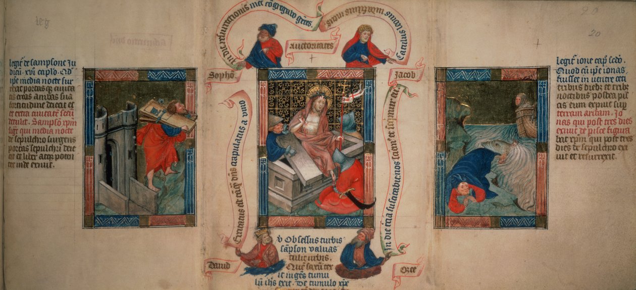Reyes 5 f.20 La Resurrección, Sansón derribando las puertas de Gaza, Jonás escapando de la ballena, de la Biblia Pauperum, principios del siglo XV (vitela) de French School