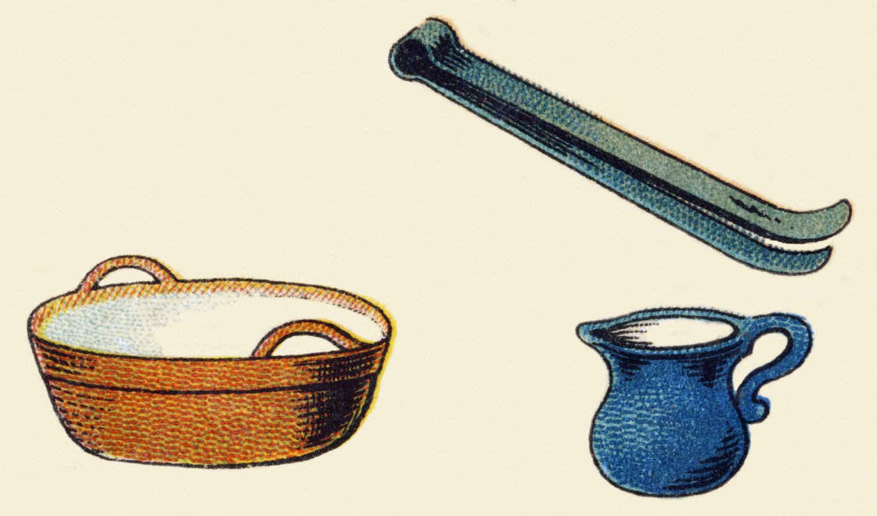 Utensilio de cocina. Grabado en "ABC irrompible en lienzo barnizado". A. Capendu, editor, París, finales del siglo XIX. Librería infantil ilustrada. 8 páginas. Dim: 21,5x18cm de French School