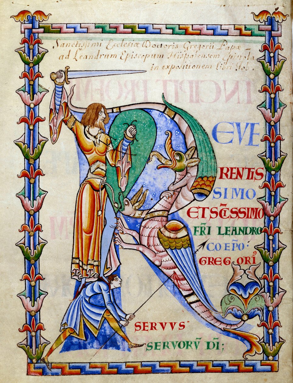 Caballero luchando contra el dragón - lettrine R (inicial), Miniatura del manuscrito "Moralia en Job", Morales sur Job de San Gregorio, de la abadía citeau de French School