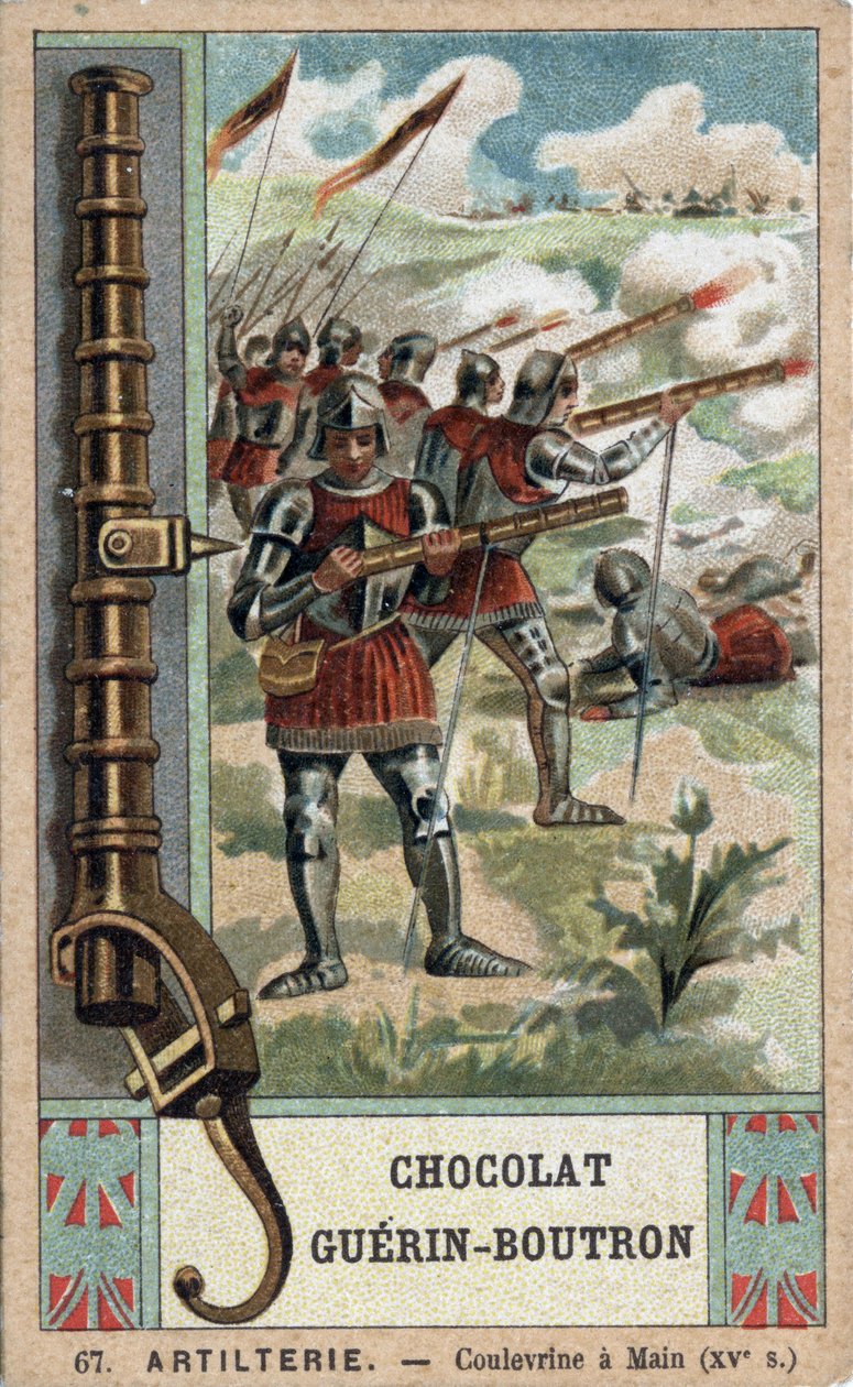 Caballero maniobrando una culebrina de mano del siglo XV. Cromolitografía del siglo XIX de chocolates Guérin-Boutron. de French School