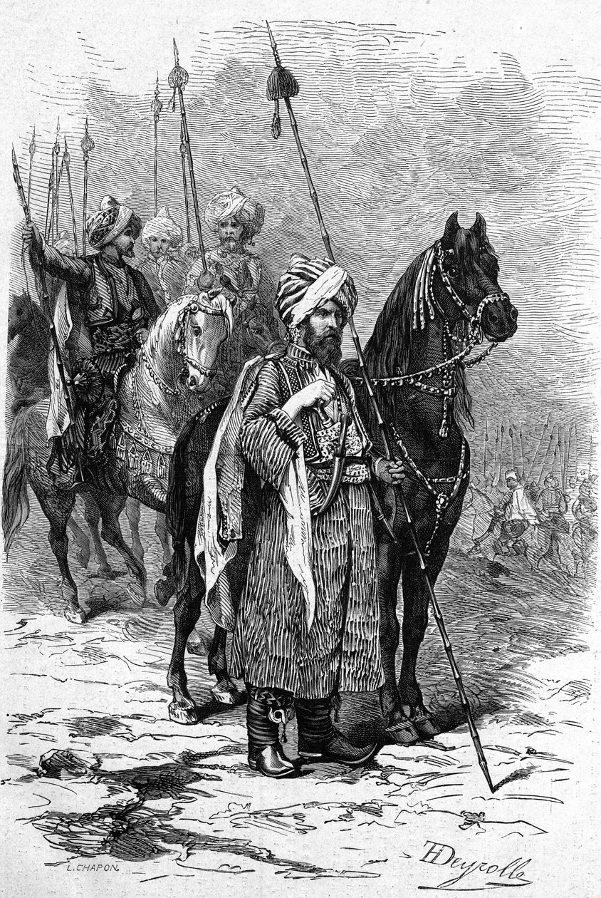 Soldados kurdos en 1877 durante la Guerra del Este (1875-1878) también llamada la Guerra Ruso-Turca. Grabado en "Le Monde Illustré" n°1055 del 30 de junio de French School