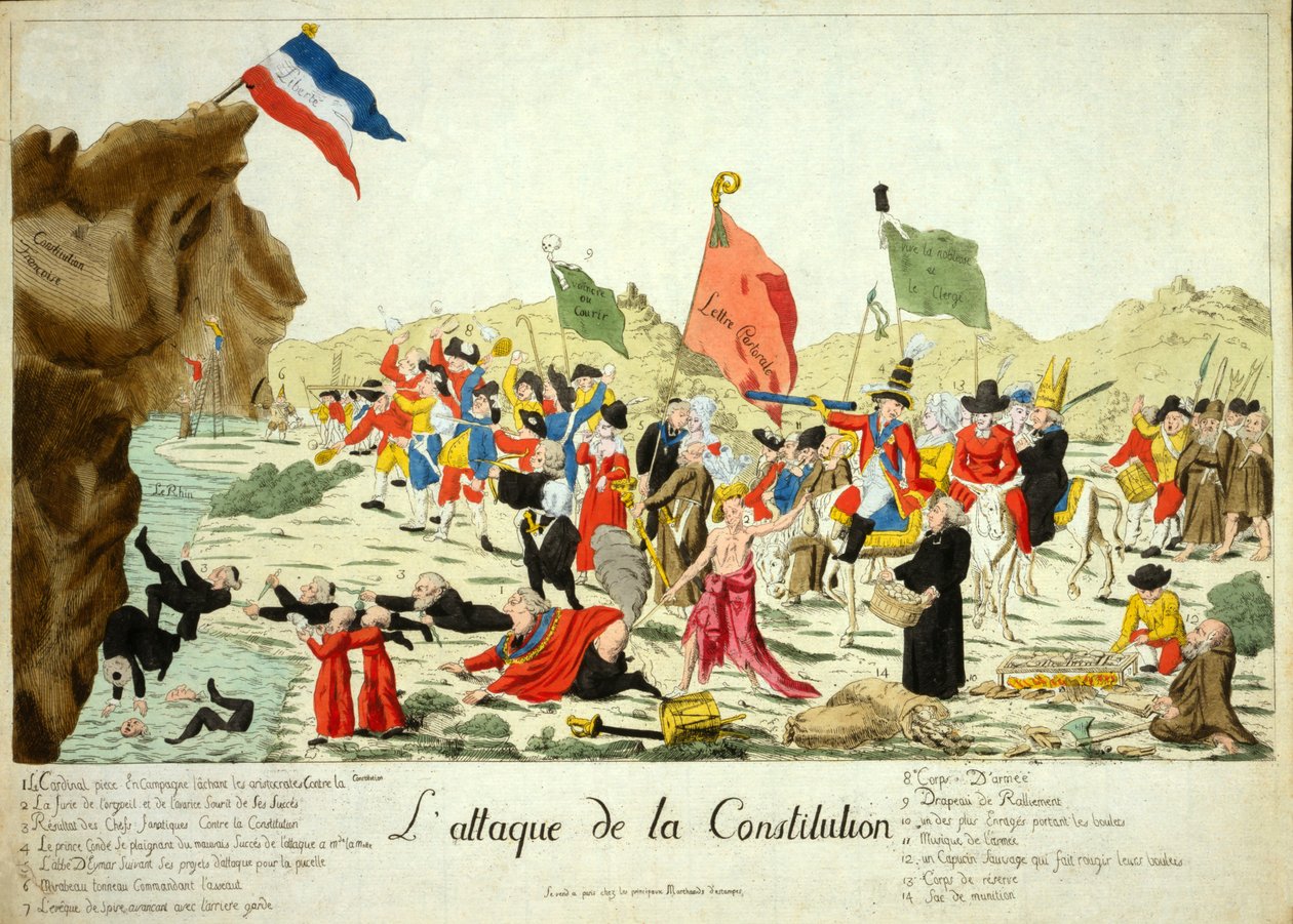 El Ataque a la Constitución, pub. 1792 (grabado coloreado a mano) de French School
