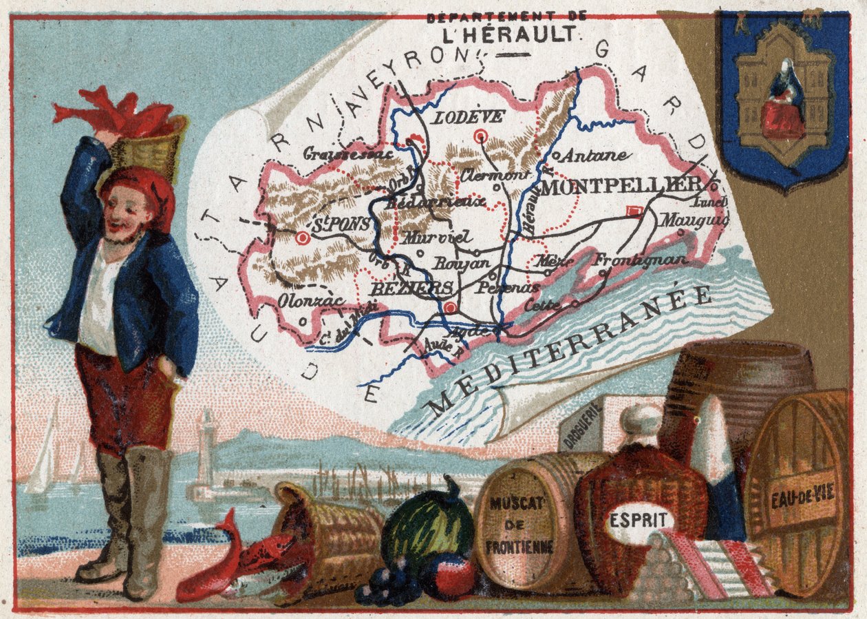 El Hérault (34), Languedoc-Rosellón, Francia. Pescador local y especialidad: Muscat de Frontignan, farmacia, licor y aguardiente. Serie sobre los Departamentos Franceses. Cromolitografía "el hilo geográfico", circa 1920. Colección privada de French School