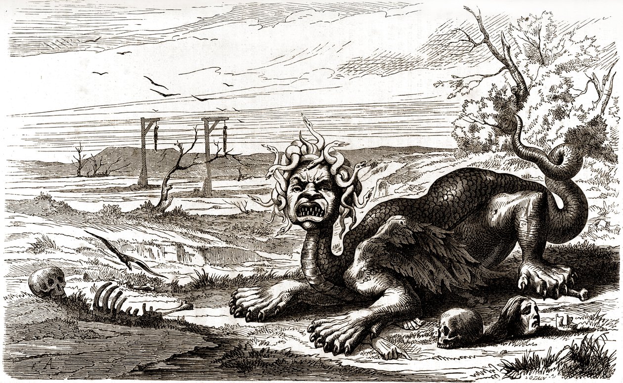La Frond (1648-1653): un animal monstruoso con pelo de serpiente, se alza sobre cadáveres y esqueletos humanos de French School