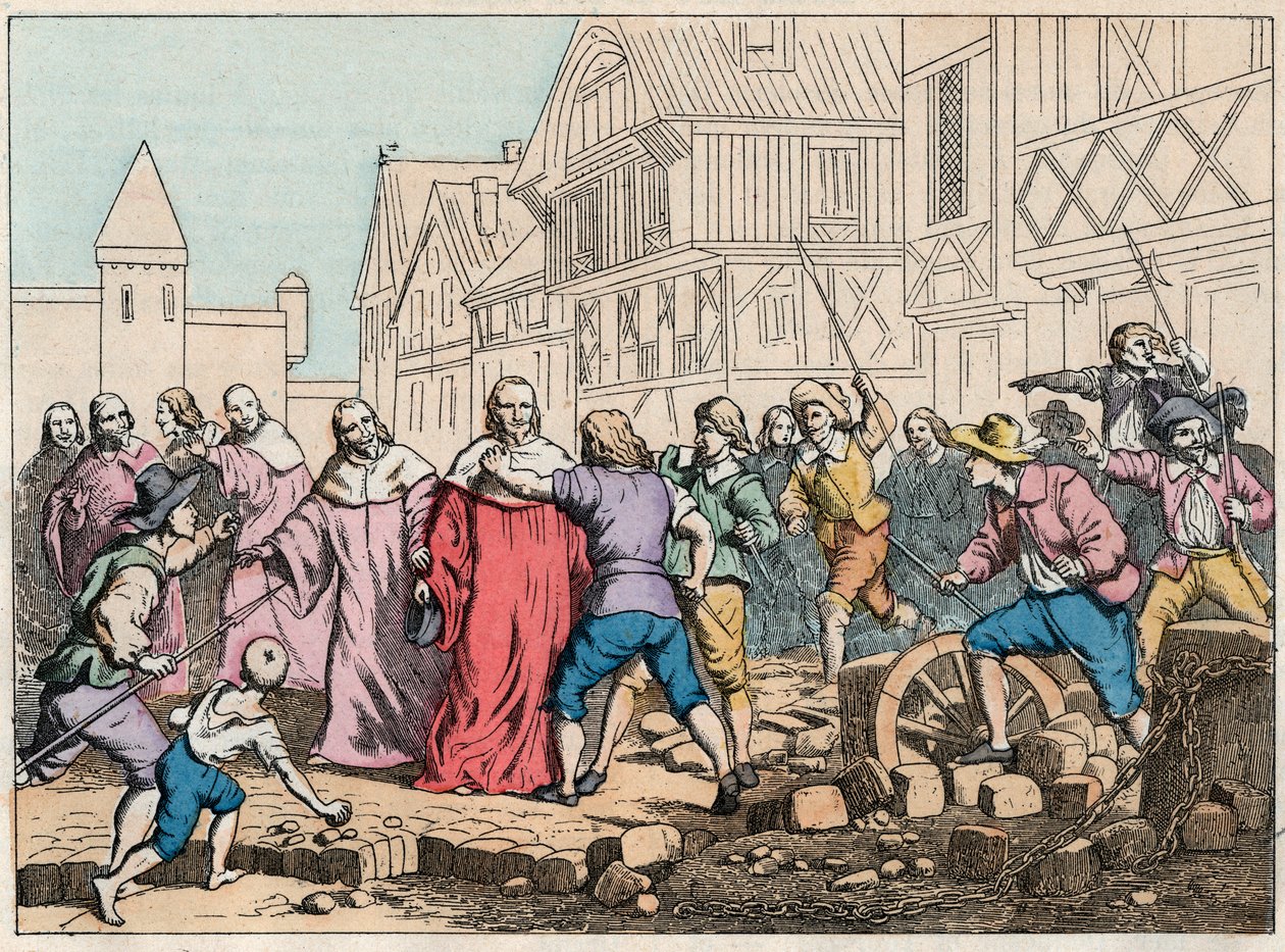 La Fronda (27 de agosto de 1648) - barricadas en París: un niño rotor amenazando al Presidente del Parlamento, Mathieu Mole (1584-1656) - Presidente Mole maltratado por insurgentes - Grabado de finales del siglo XIX en “Nos Gires Nationales - Imágenes y re de French School