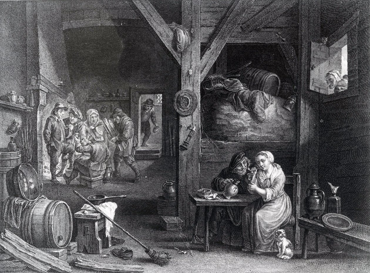 La Fumeuse, grabado por Jean Baptiste Patas después de David Teniers el Joven, 1786-1808 de French School