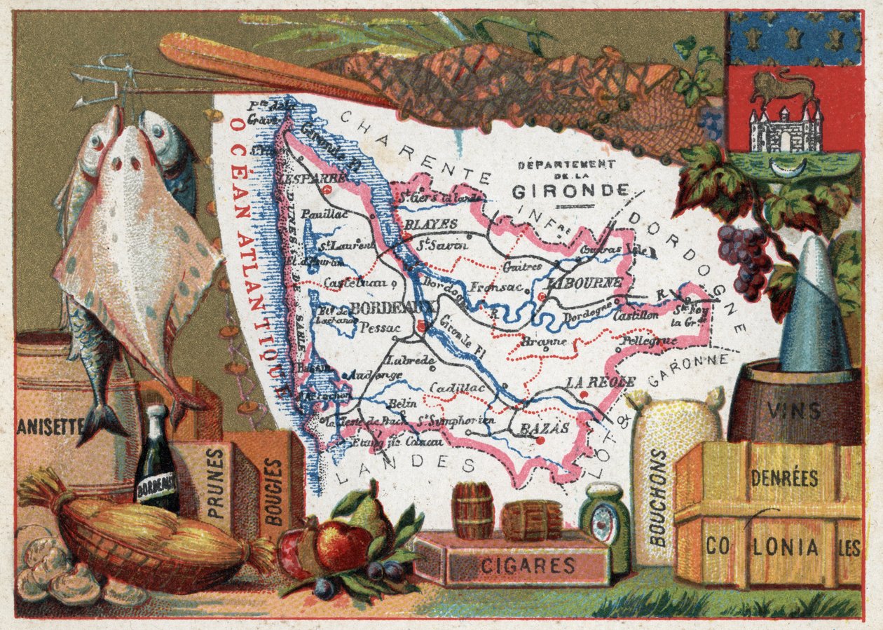 La Gironde (33), Aquitania, Francia. Especialidad local: pescado, anisette, vino de Burdeos, ciruelas, velas, cigarros, corchos y comida colonial. Serie sobre los Departamentos Franceses. Cromolitografía “el hilo geográfico”, circa 1920. Colección privada. de French School