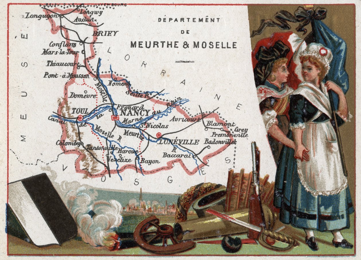 La Meurthe et Moselle (Meurthe-Et-Moselle, 54), Lorena, Francia. Retrato de dos mujeres revolucionarias. Serie sobre los Departamentos Franceses. Cromolitografía “el hilo geográfico”, circa 1920. Colección privada. de French School