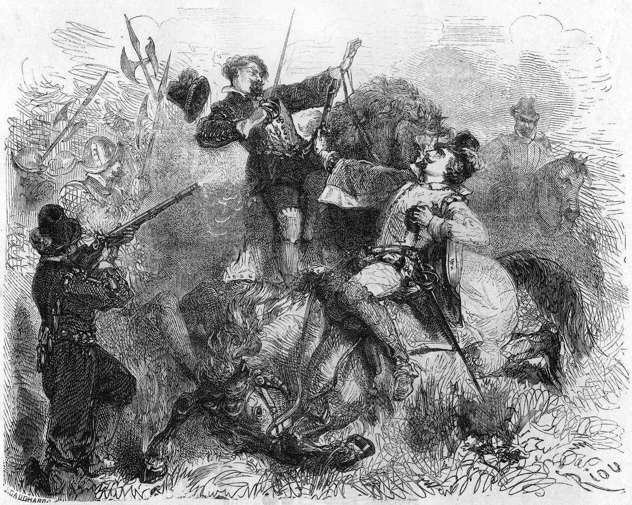 La Renaudie, un caballero de Limousin, luchando por la libertad religiosa, muerto el 16 de marzo de 1559 durante una batalla. En 