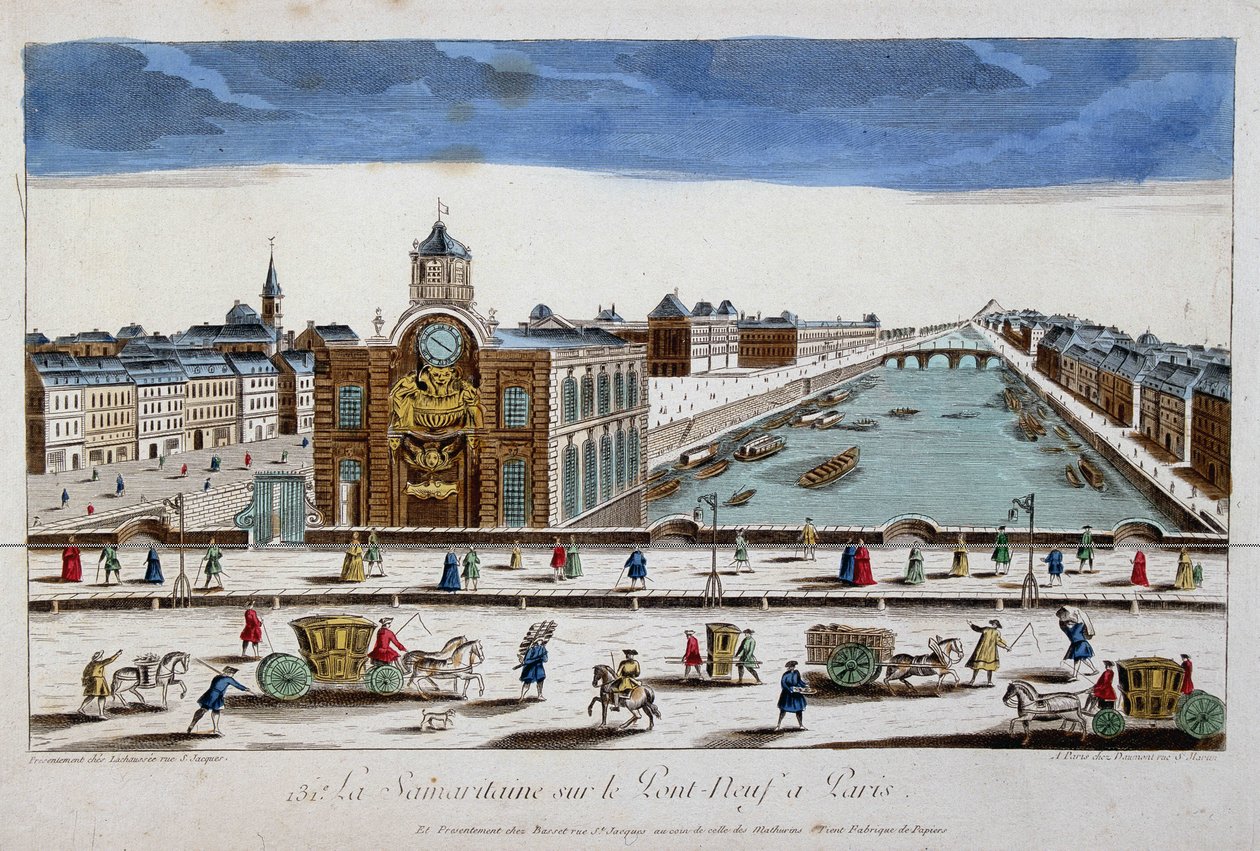 La Samaritaine (bomba de agua) en el Pont Neuf de París - vista óptica de French School