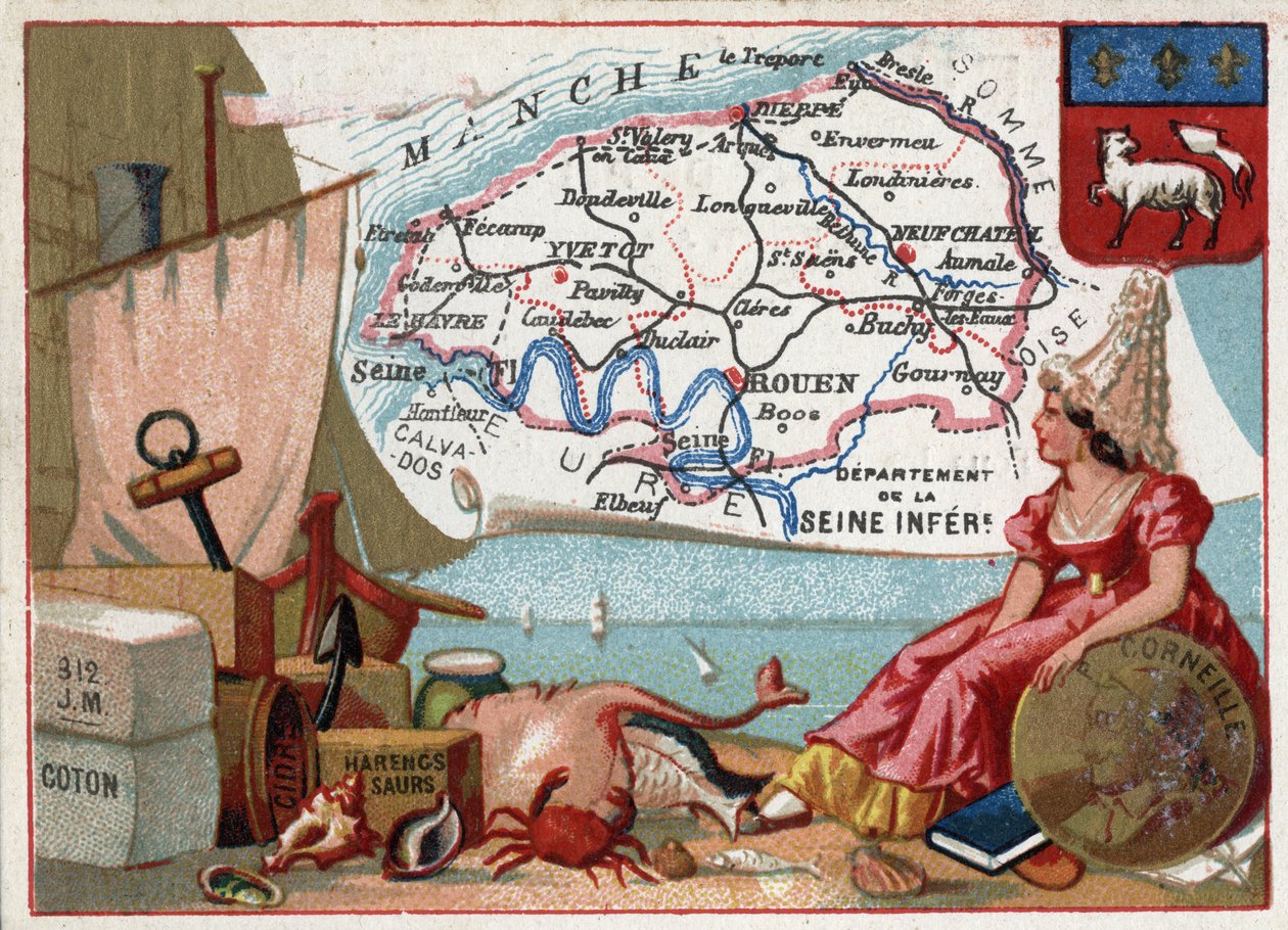 La Seine Inferieure, ahora Seine Maritime (76), Alta Normandía, Francia. Especialidades locales: algodón, sidra, arenque ahumado. Retrato de Pierre Corneille (1606-1684), dramaturgo francés. Serie sobre los Departamentos Franceses. Cromolitografía de French School