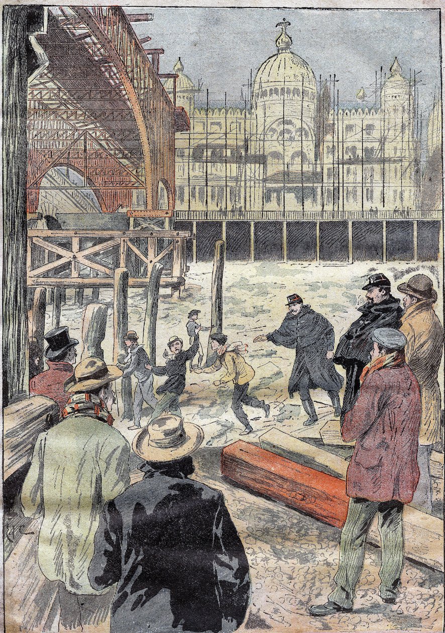 El Sena congelado, cerca del puente de hierro construido para la exposición universal, junto al Pont des Invalides, invierno de 1899. Grabado en "Le Pelerin" 31/12/1899 de French School