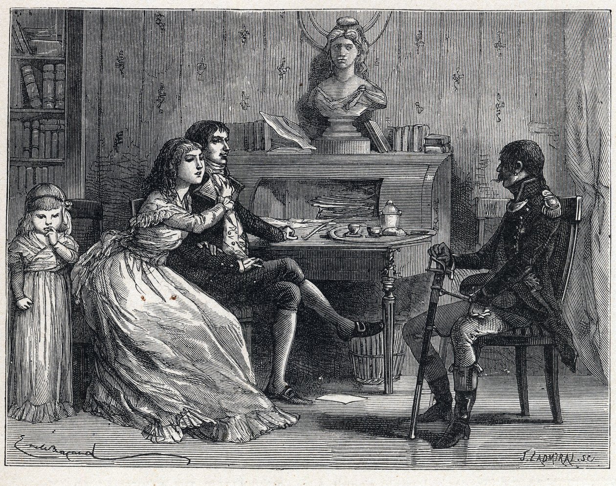 El Terror durante la Revolución Francesa: Camille Desmoulins (1760-1794), encarcelado, recibió la visita de su esposa Lucile (1770-1794) y el mariscal Guillaume Brune (1763-1815) de French School