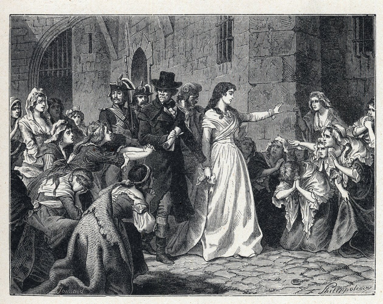 El Terror durante la Revolución Francesa: Madame Jeanne Marie Roland de la Platiere (1754-1793) saliendo de la prisión de la Conciergerie para ir ante el Tribunal Revolucionario en 1793. Sus codetenidas se arrodillan en su camino de French School