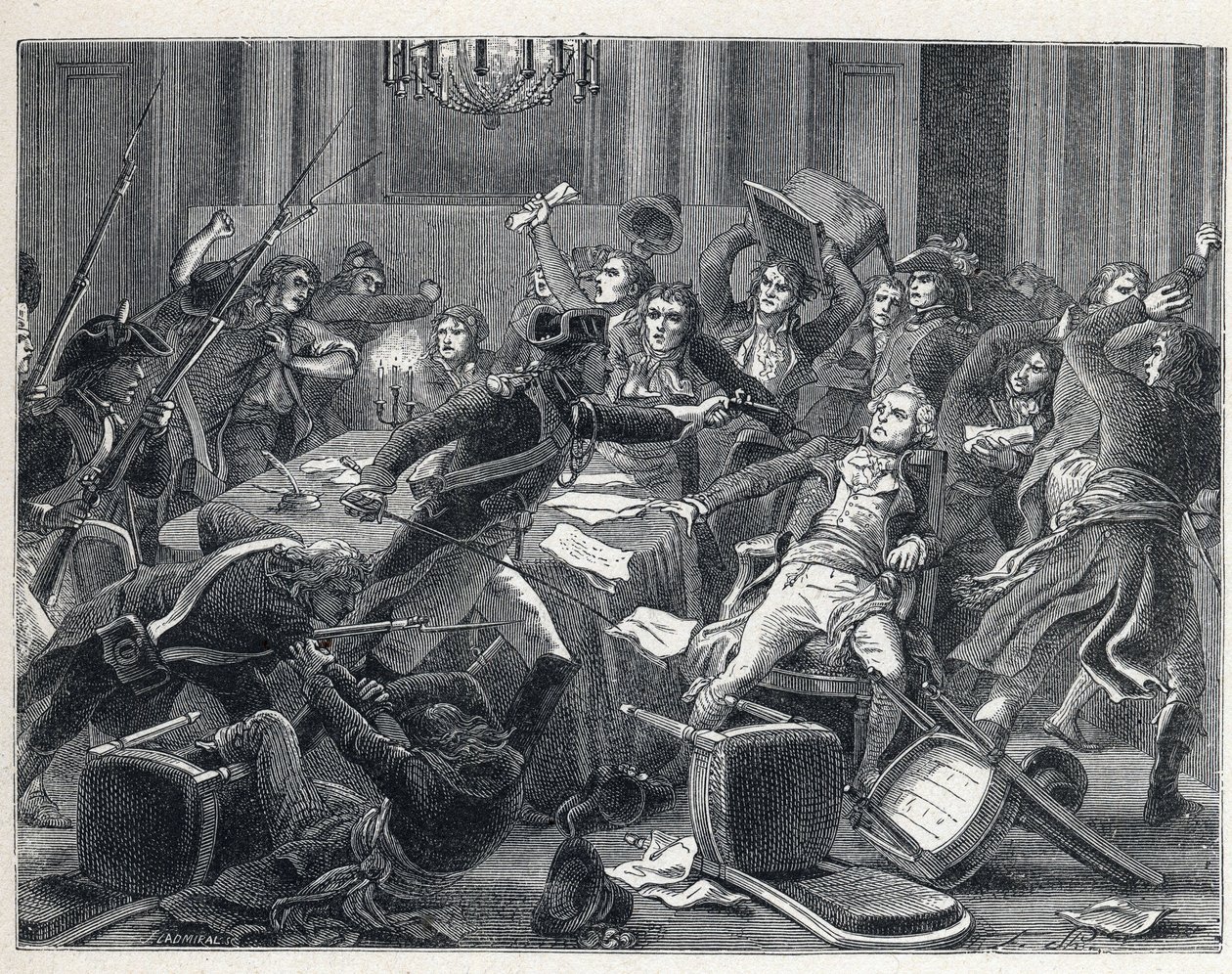 El Terror durante la Revolución Francesa: arresto de Maximilien de Robespierre (1758-1794) y sus seguidores reunidos en el Hotel de Ville de París el 9 de Thermidor año II (27 de julio de 1794). En el centro, un gendarme disparó una pistola a Robespierre ( de French School