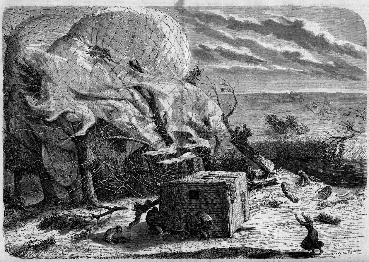 La caída del globo "Le Géant" en las llanuras de Hannover en 1863 con a bordo: Jules y Louis Godard, Félix Nadar, su esposa, Fernand Montgolfier y Thirion. Los aeronautas intentan socorrer a Mme Nadar, atrapada bajo la canasta. Grabado en "Le Monde Illustr de French School