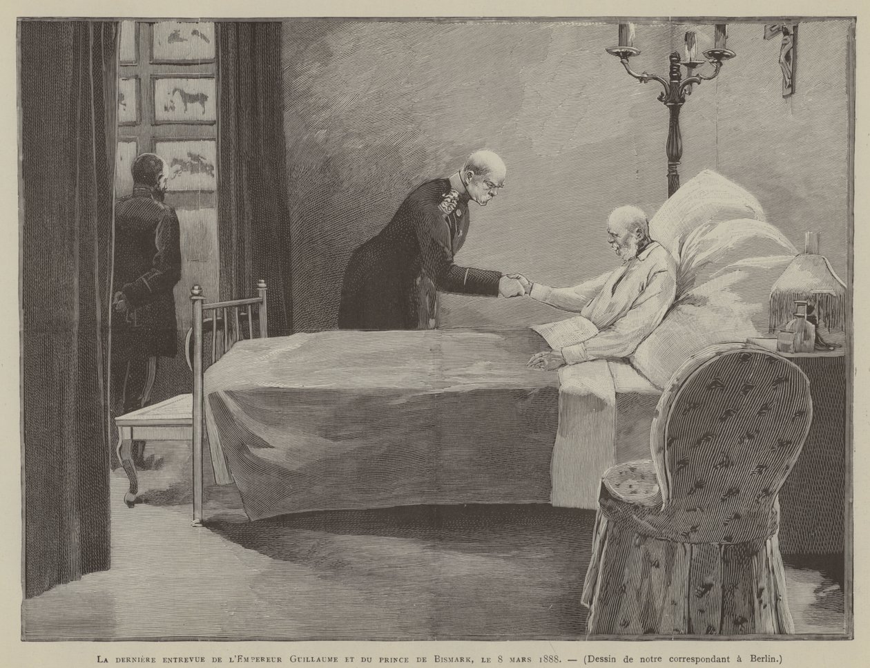 El último encuentro entre el Kaiser Guillermo y el Príncipe Bismark, 8 de marzo de 1888 (grabado) de French School