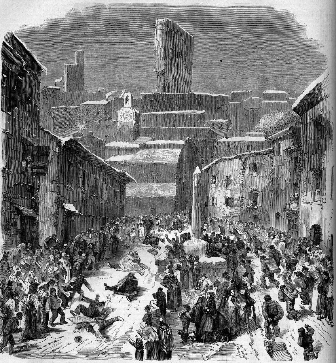 La glissade en barriots (trineo) en Bourdeaux, Drôme (26), invierno de 1860. Grabado en “Le Monde Illustré” n°149 del 18 de febrero de 1860. de French School