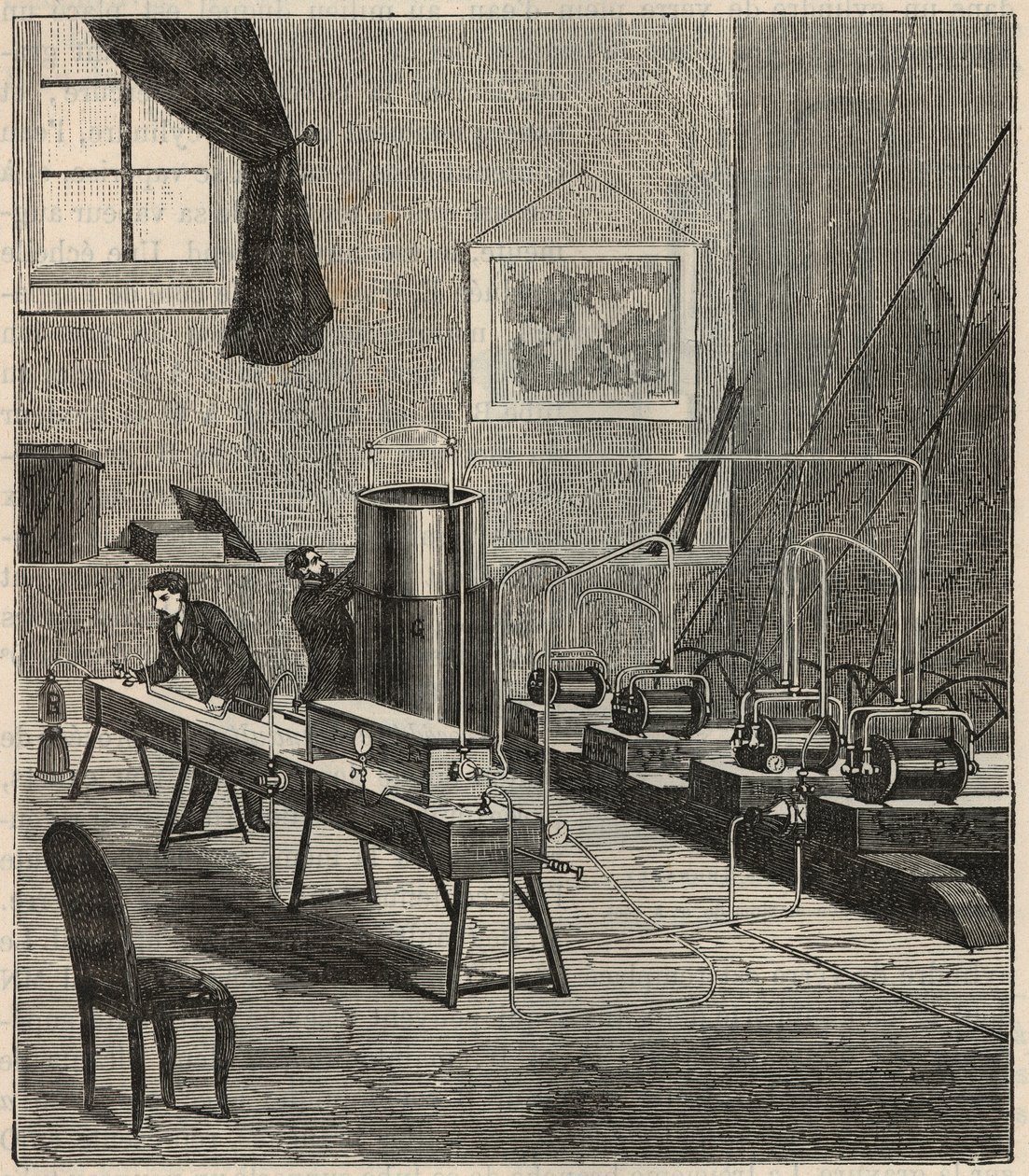 La licuefacción de gases en el laboratorio de Raoul Pictet (1878) - Raoul Pierre Pictet (1846-1929) físico suizo, realiza un experimento para licuar y solidificar gas hidrógeno, y estudia las propiedades de las sustancias a bajas temperaturas - Grabado en  de French School