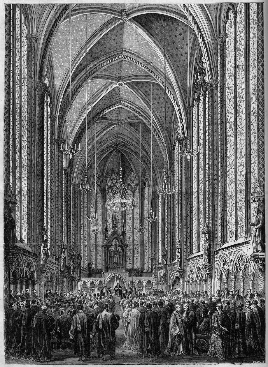 La misa del Espíritu Santo, celebrada en la Sainte Chapelle de París, con motivo del regreso de la magistratura, el 3 de noviembre de 1863. Grabado en "Le Monde Illustré" n°343 del 7 de noviembre de 1863 de French School