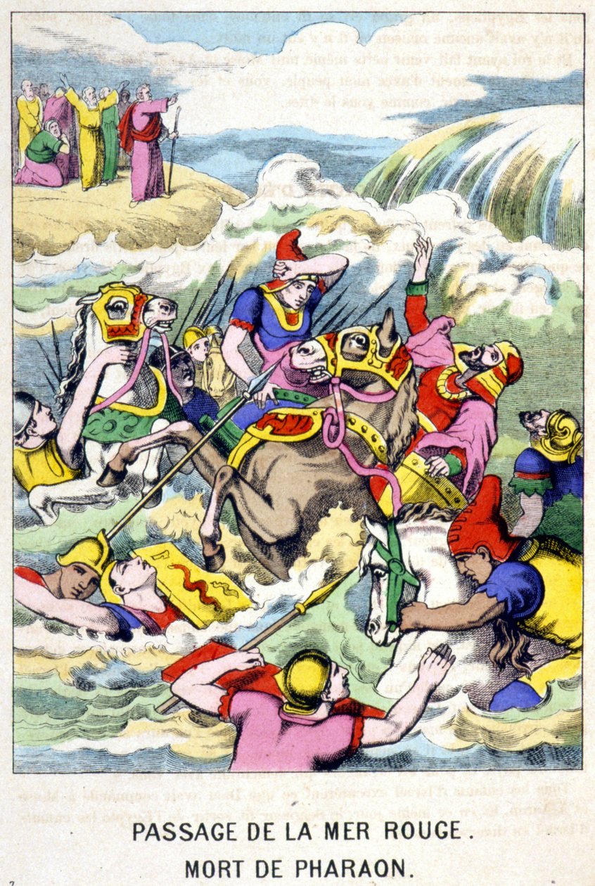 La muerte del Faraón en el paso del Mar Rojo - en "Vida de Moisés", ed. Olivier Pinot, Épinal, finales del siglo XIX de French School