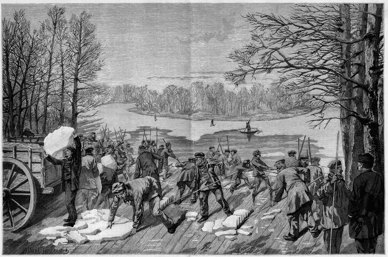 La recolección de hielo en los lagos congelados del bosque de Vincennes, en "El Mundo Ilustre" 1887. de French School