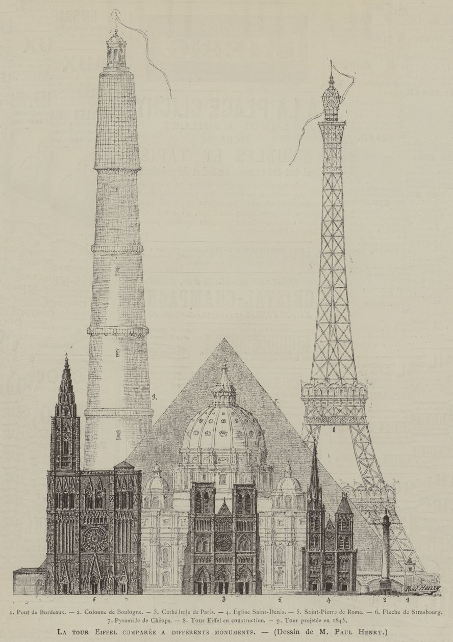 La tour Eiffel comparee a differents monuments (grabado) de French School