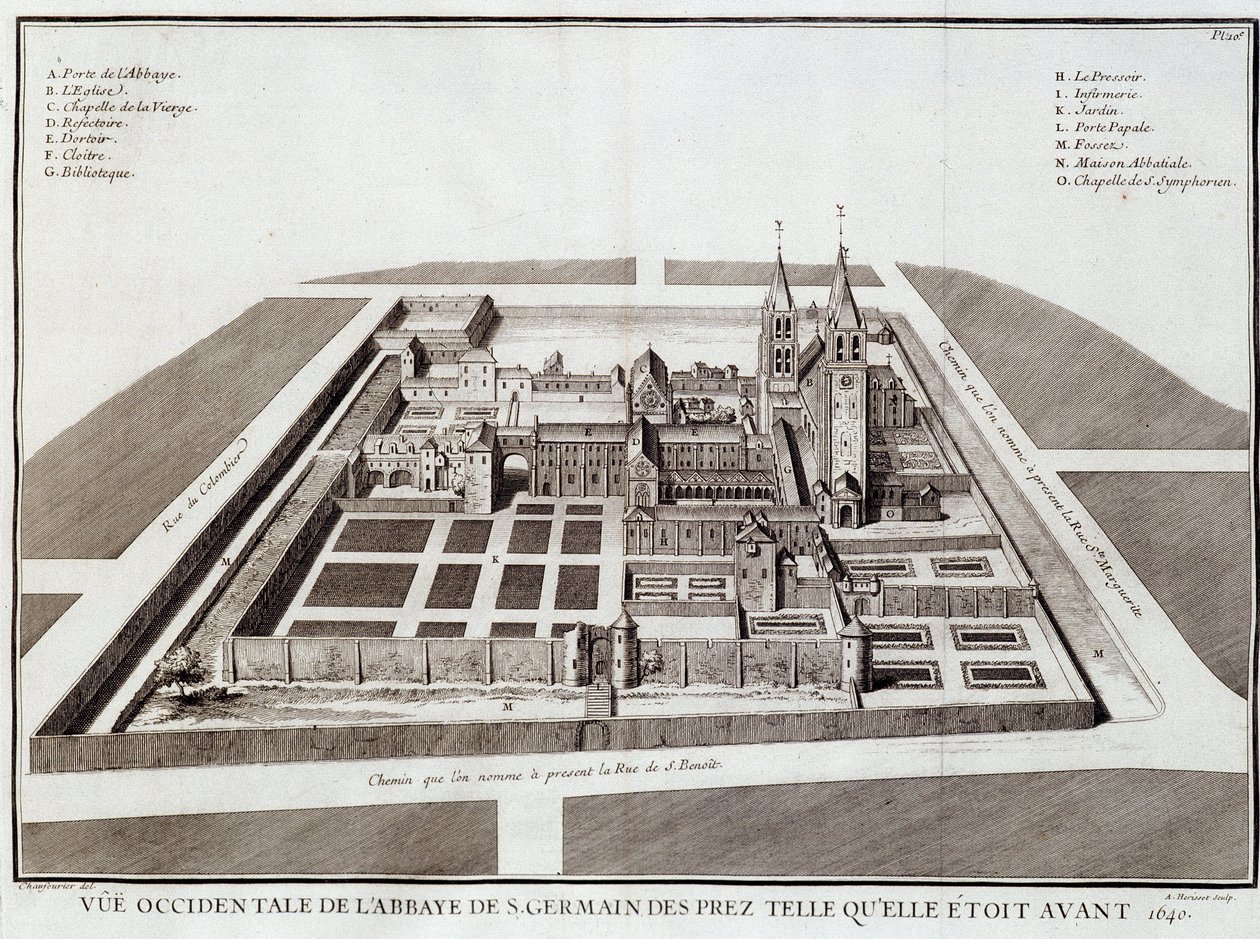 La abadía de Saint Germain antes de 1640 - en “Historia de la abadía de St Germain des Pres” por Dom Jacques Bouillart, ed. Dupuis, París de French School