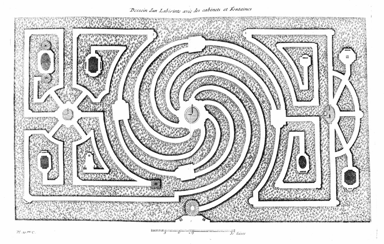 Proyecto de laberinto con gabinetes y fuentes. Basado en la teoría y práctica de la jardinería por A. J. Dézailler D