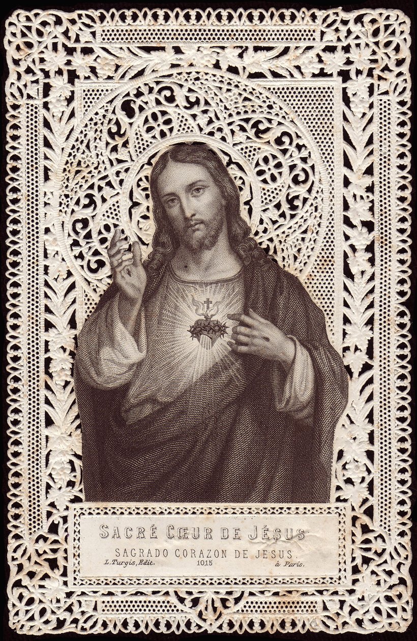 Tarjeta de encaje que representa El Sagrado Corazón de Jesús, siglo XIX (litografía en blanco y negro) de French School