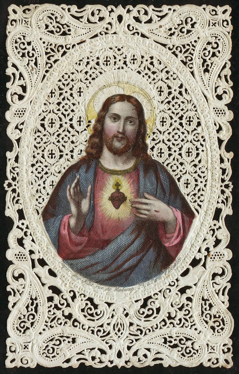 Tarjeta de encaje que representa El Sagrado Corazón de Jesús, siglo XIX de French School
