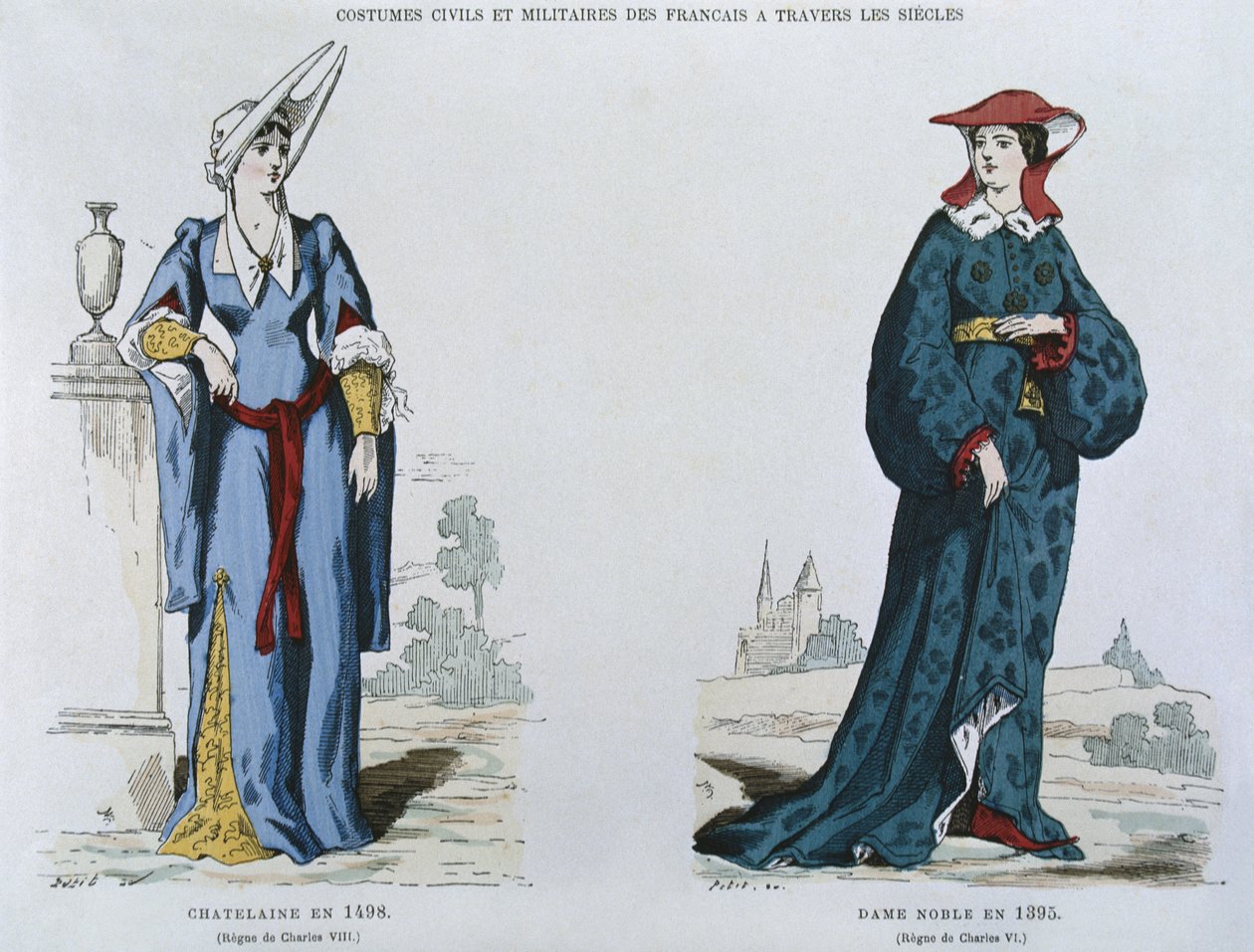 Dama en 1498 bajo el reinado de Carlos VIII (1470-98), noble en 1395 bajo el reinado de Carlos VI (1380-1422), de Costumes civils et militaires des français à travers les siècles de French School