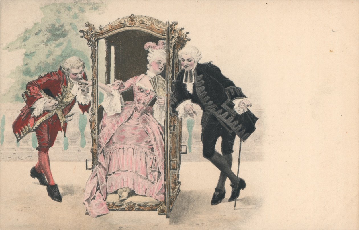 Dama en silla de manos, con admiradores masculinos (cromolito) de French School