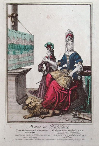 Dama mostrando una imagen de Semiramis y los Jardines Colgantes de Babilonia de French School