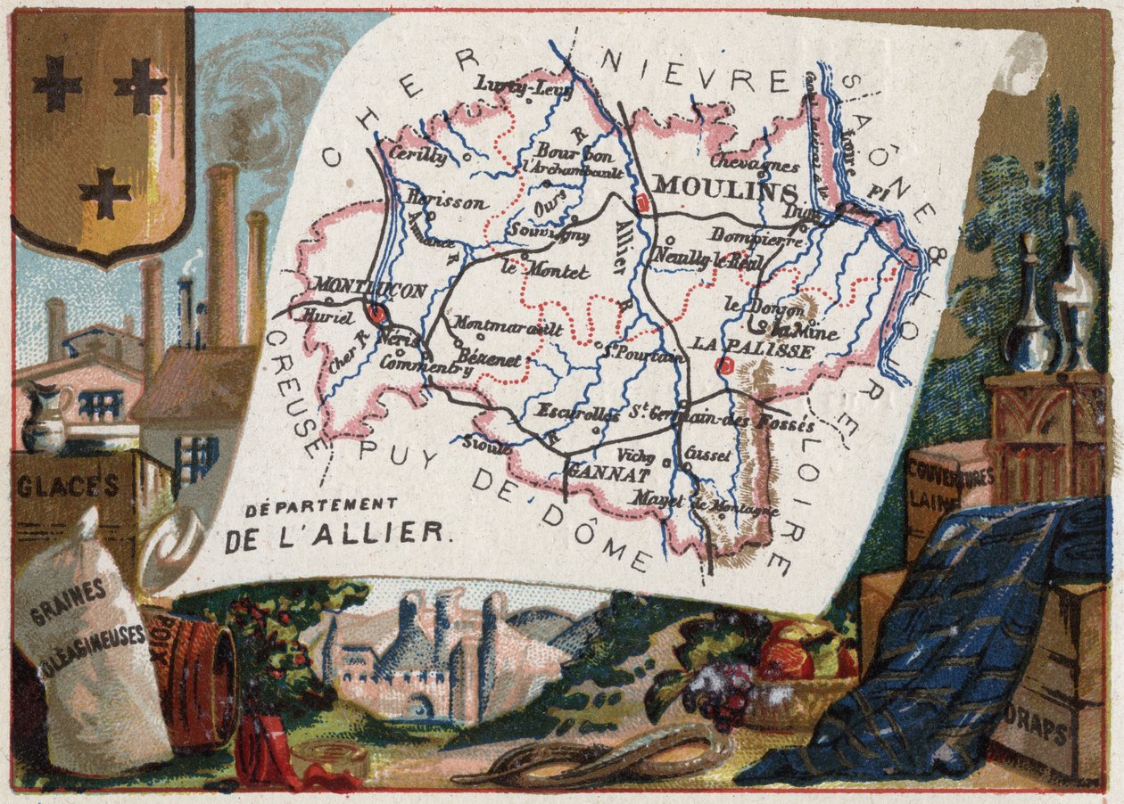 El Allier (03), Auvernia, Francia. Helado, oleaginosas, brea, manta de lana y sábanas. Serie sobre los Departamentos Franceses. Cromolitografía "el hilo geográfico", circa 1920. Colección privada de French School