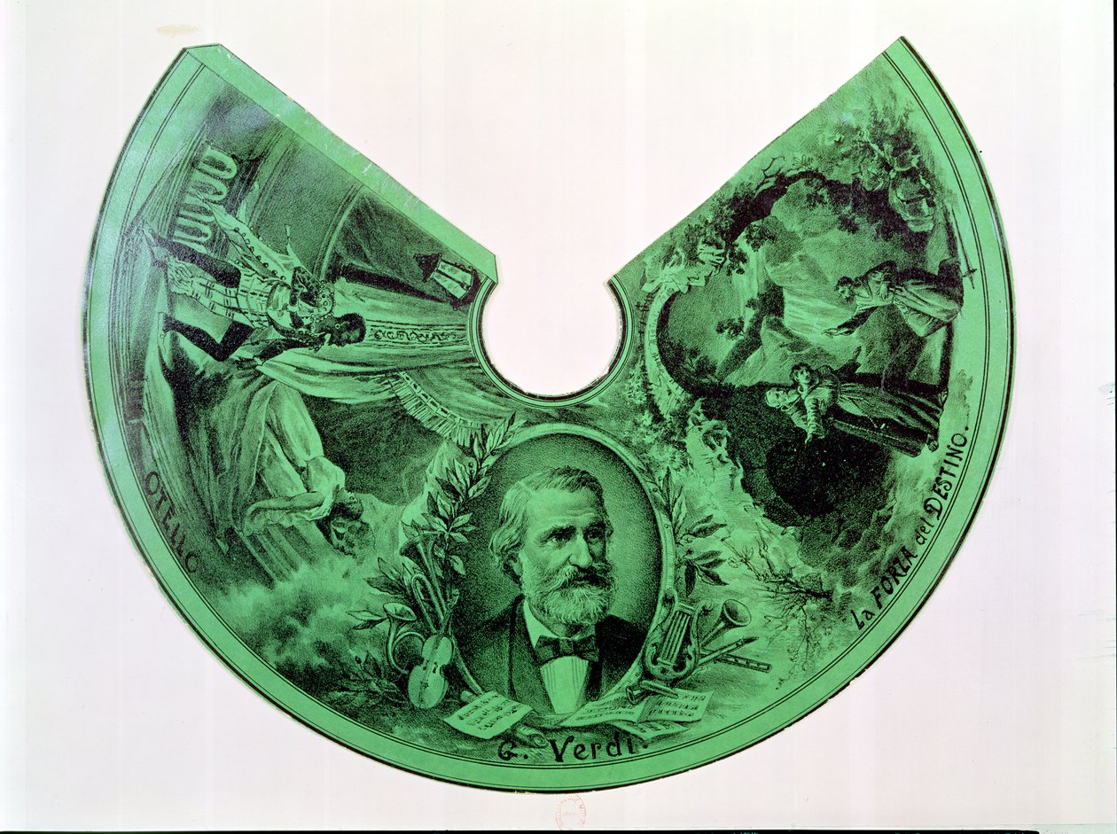 Pantalla de lámpara decorada con un retrato de Giuseppe Verdi (1813-1901) y escenas de Otelo y La Fuerza del Destino de French School