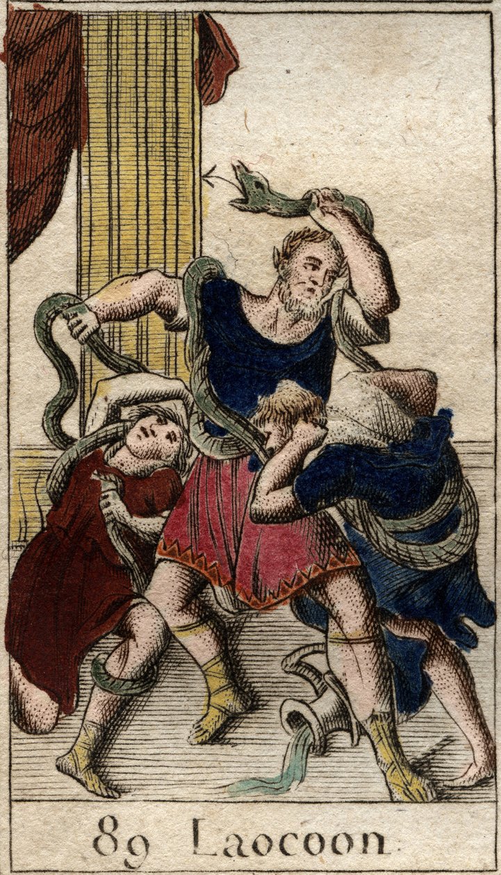 Laocoonte. Minerva apoyando a los griegos envía serpientes marinas para atacar a Laocoonte que advierte a los habitantes de la ciudad de Troya contra el caballo. Las serpientes se lanzaron sobre sus dos hijos y los mataron, luego atacaron a Laocoonte. De “ de French School
