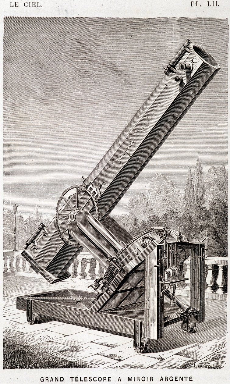 Gran telescopio de espejo de plata (sistema Léon Foucault), montado ecuatorialmente para el Observatorio de Marsella - en “El Cielo” de Amédée Guillemin, Hachette, París de French School