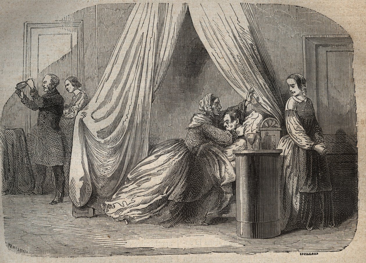 Últimos momentos de Charles Lafarge (1811-1840), esposo de Marie Fortunee Capelle, Marie Lafarge (Madame) (1816-1852) criminal francesa - Grabado en "Causas célebres de todos los pueblos" por Armand Fouquier (1817-18?) 1858-1867 - colección privada de French School
