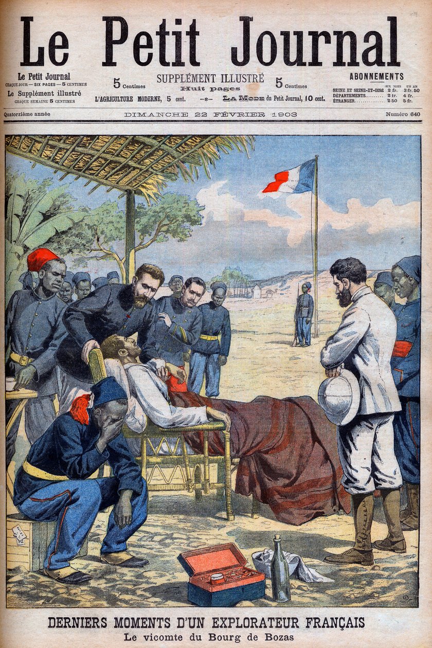 Últimos momentos de un explorador francés Vizconde Pierre Marie Robert Du Bourg de Bozas (1871-1903) en el Bourg de Boza en África tropical 